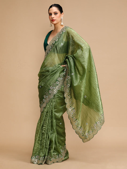 Mehendi Art Silk Sequins Embroidered Designer Saree with Blouse