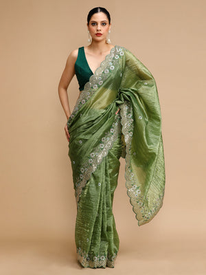 Mehendi Art Silk Sequins Embroidered Designer Saree with Blouse