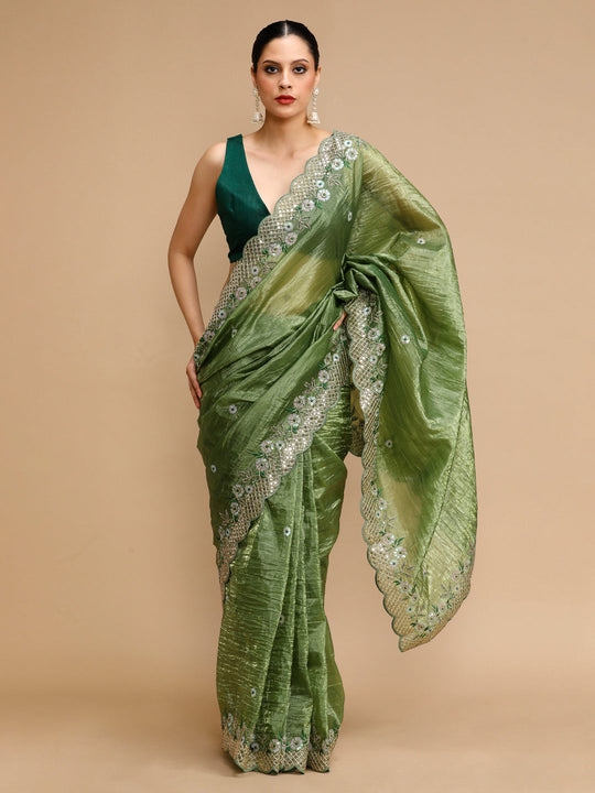 Mehendi Art Silk Sequins Embroidered Designer Saree with Blouse