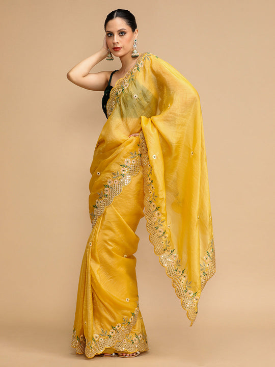 Yellow Art Silk Sequins Embroidered Designer Saree with Blouse