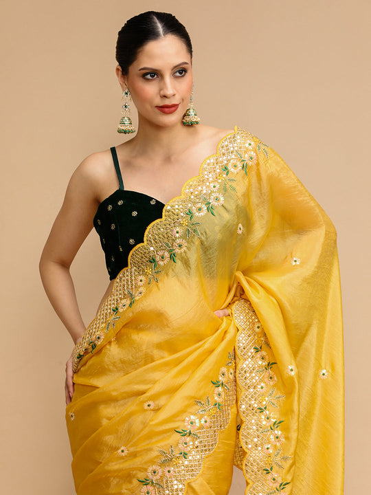Yellow Art Silk Sequins Embroidered Designer Saree with Blouse