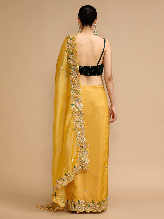 Yellow Art Silk Sequins Embroidered Designer Saree with Blouse