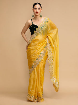Yellow Art Silk Sequins Embroidered Designer Saree with Blouse