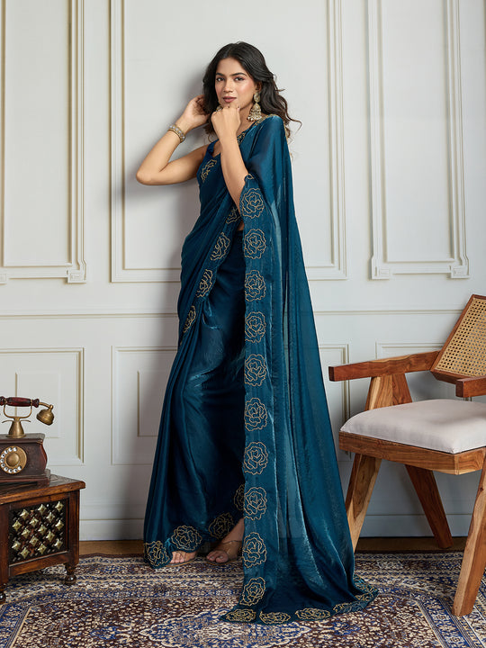 Morpich Fandy Satin Handwork Designer Saree with Blouse