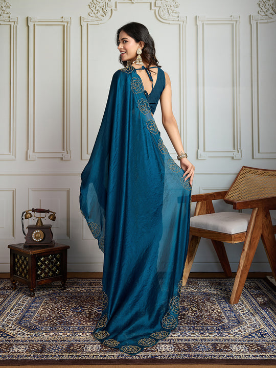 Morpich Fandy Satin Handwork Designer Saree with Blouse