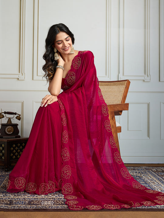 Rani Pink Fandy Satin Handwork Designer Saree with Blouse