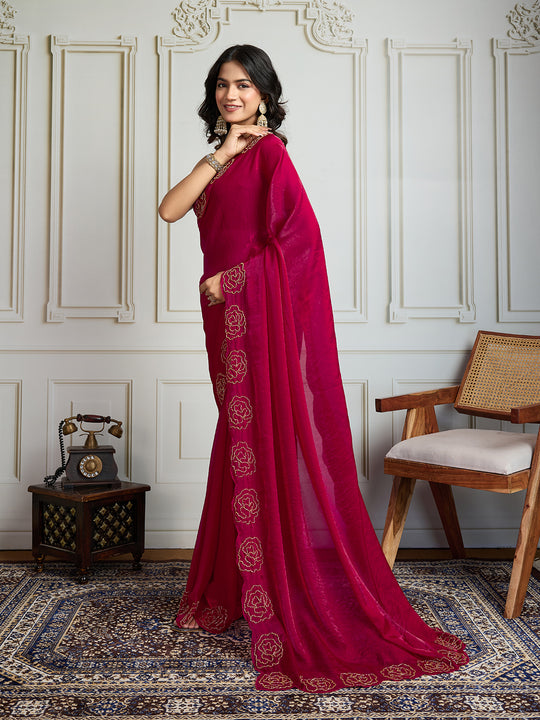Rani Pink Fandy Satin Handwork Designer Saree with Blouse