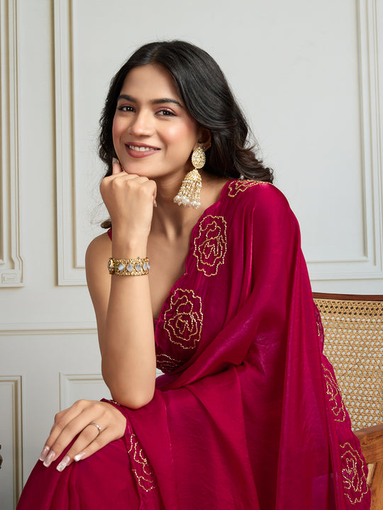 Rani Pink Fandy Satin Handwork Designer Saree with Blouse