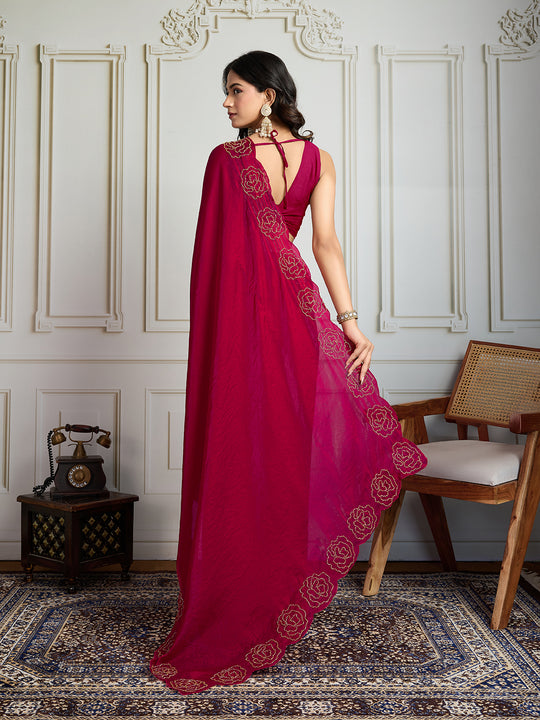 Rani Pink Fandy Satin Handwork Designer Saree with Blouse