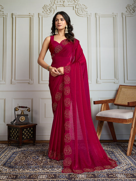 Rani Pink Fandy Satin Handwork Designer Saree with Blouse
