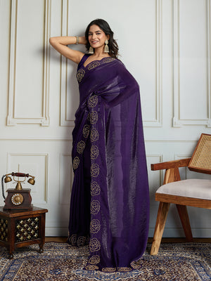 Purple Fandy Satin Handwork Designer Saree with Blouse