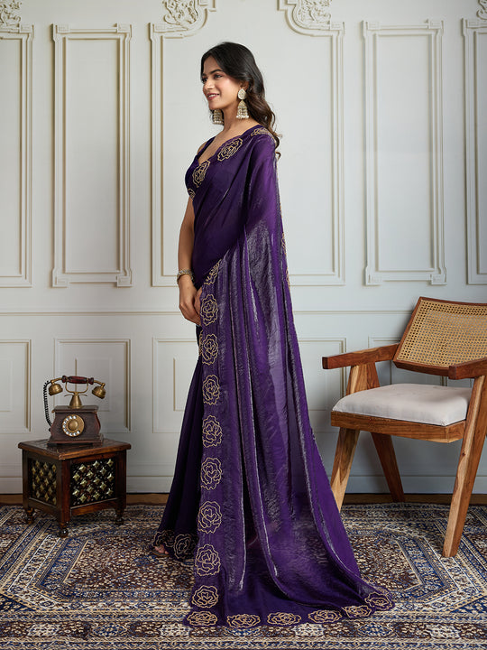 Purple Fandy Satin Handwork Designer Saree with Blouse