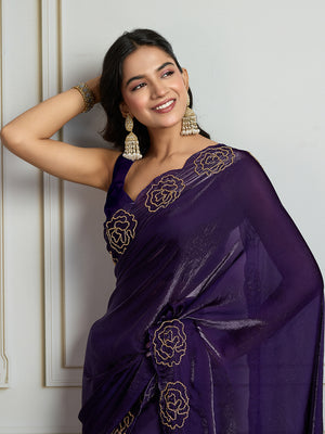 Purple Fandy Satin Handwork Designer Saree with Blouse
