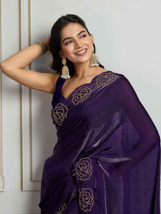 Purple Fandy Satin Handwork Designer Saree with Blouse