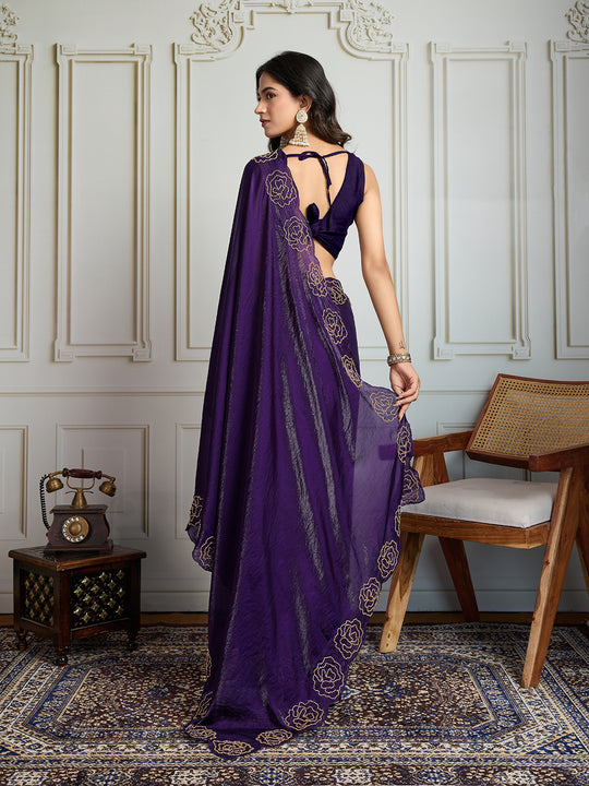 Purple Fandy Satin Handwork Designer Saree with Blouse