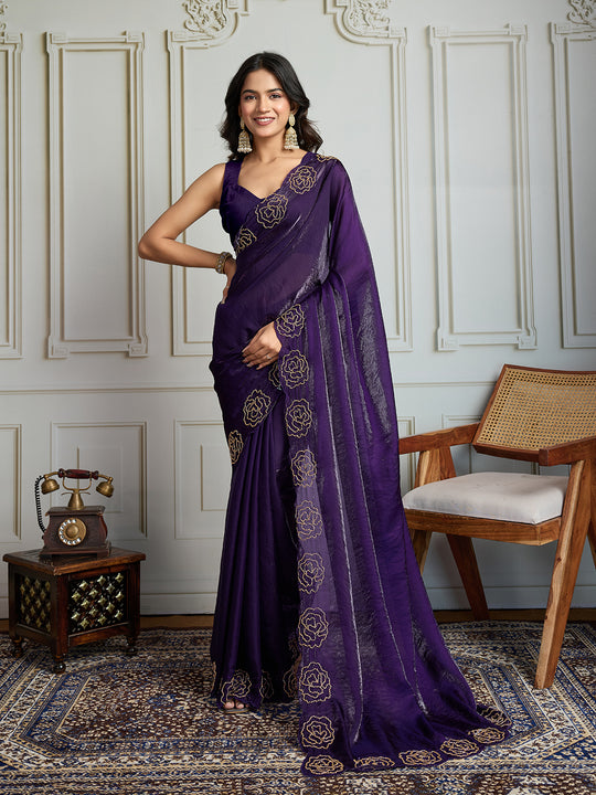 Purple Fandy Satin Handwork Designer Saree with Blouse