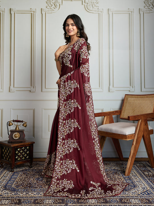 Maroon Rangoli Silk Embroidered Designer Saree with Blouse