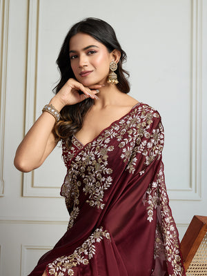 Maroon Rangoli Silk Embroidered Designer Saree with Blouse