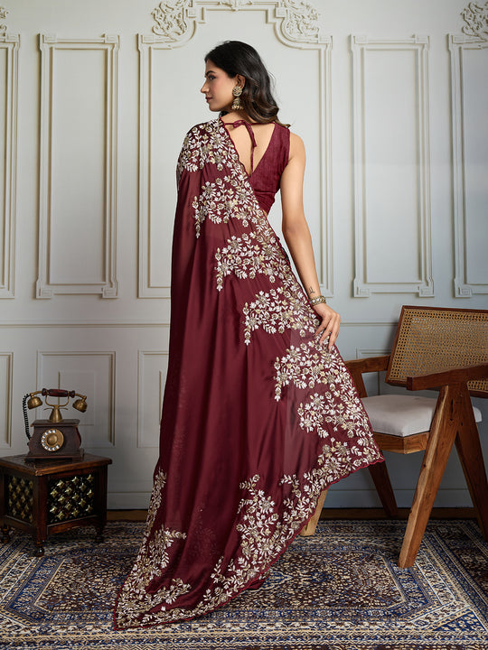 Maroon Rangoli Silk Embroidered Designer Saree with Blouse