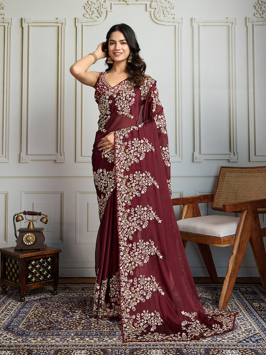 Maroon Rangoli Silk Embroidered Designer Saree with Blouse