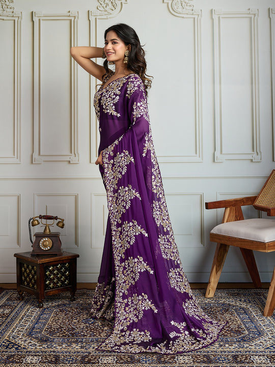 Purple Rangoli Silk Embroidered Designer Saree with Blouse