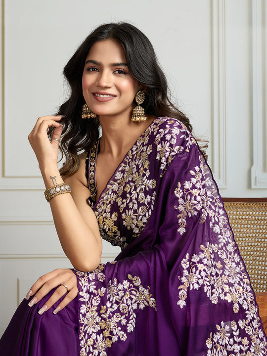Purple Rangoli Silk Embroidered Designer Saree with Blouse