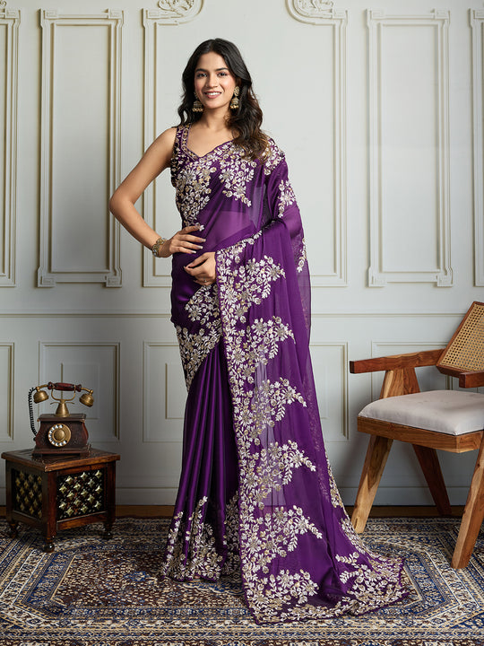 Purple Rangoli Silk Embroidered Designer Saree with Blouse