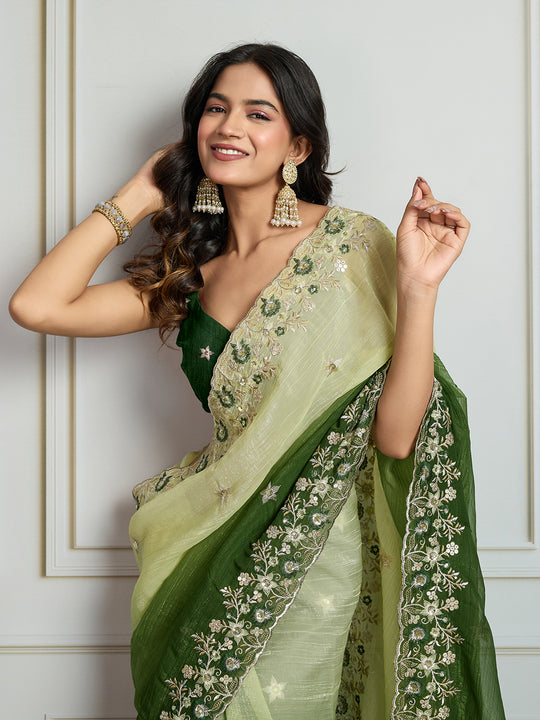 Green Soft Crush Embroidered Designer Saree with Blouse