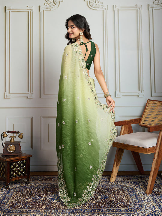Green Soft Crush Embroidered Designer Saree with Blouse