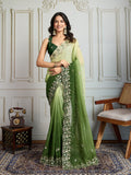 Green Soft Crush Embroidered Designer Saree with Blouse