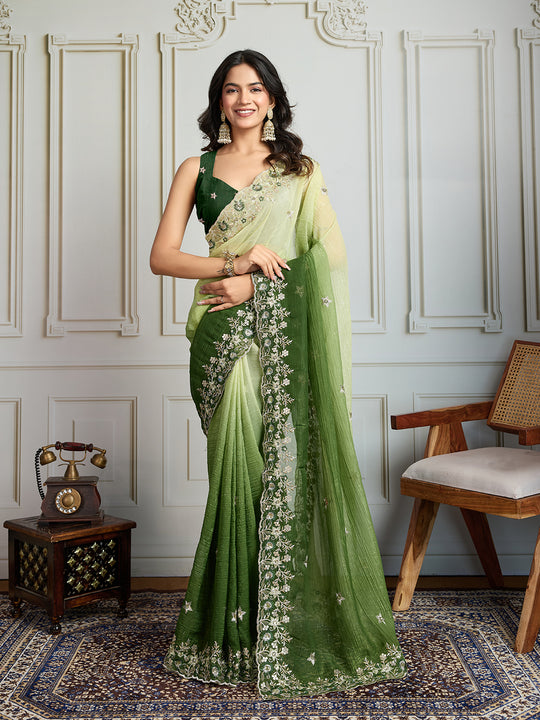 Green Soft Crush Embroidered Designer Saree with Blouse