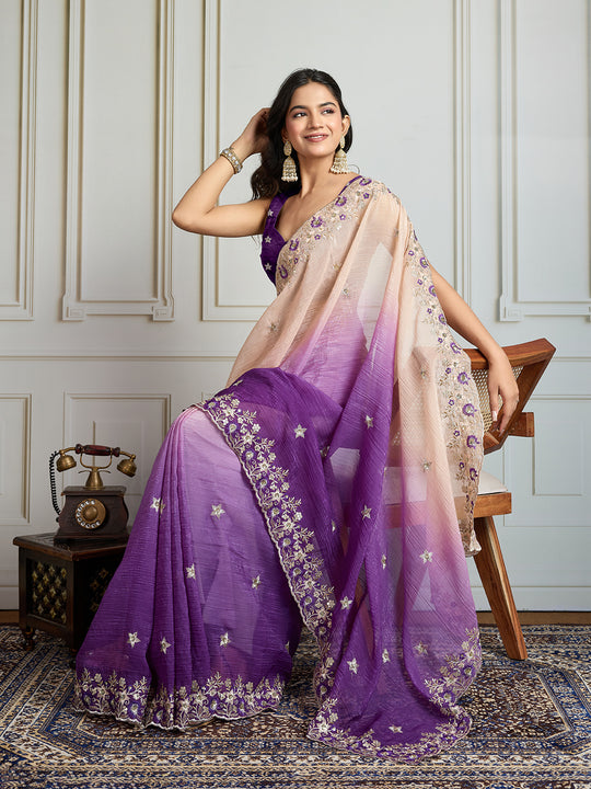 Purple Soft Crush Embroidered Designer Saree with Blouse