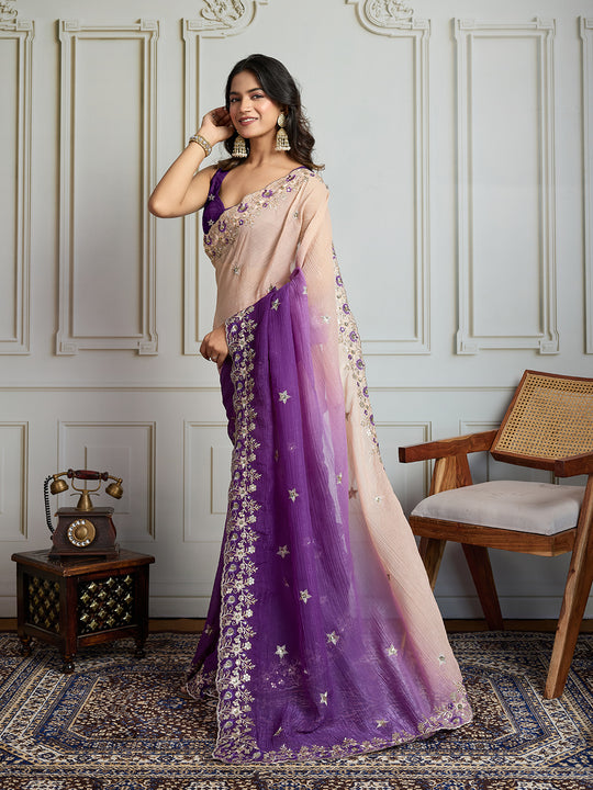 Purple Soft Crush Embroidered Designer Saree with Blouse