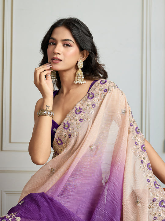 Purple Soft Crush Embroidered Designer Saree with Blouse