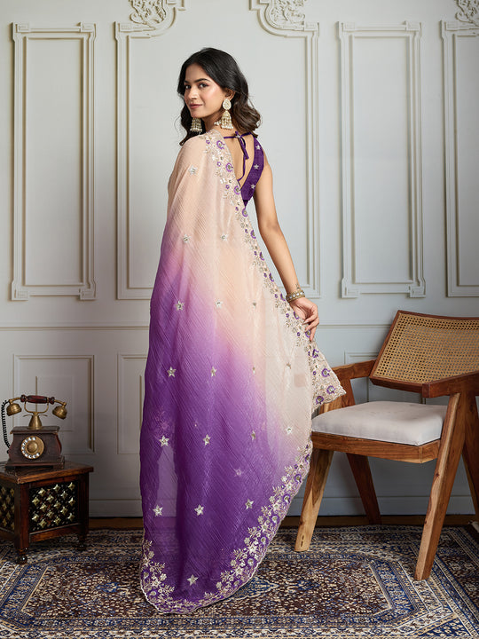 Purple Soft Crush Embroidered Designer Saree with Blouse