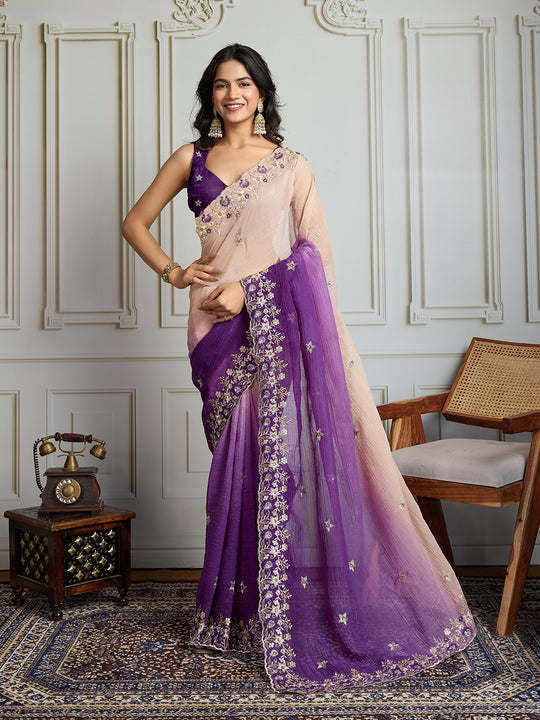 Purple Soft Crush Embroidered Designer Saree with Blouse