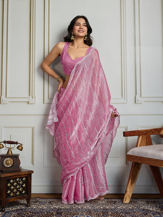 Pink Chiffon Silk Sequins Designer Saree with Blouse