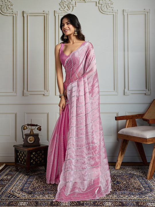 Pink Chiffon Silk Sequins Designer Saree with Blouse