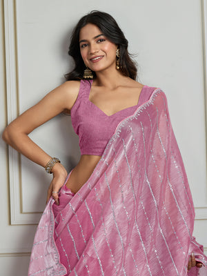 Pink Chiffon Silk Sequins Designer Saree with Blouse