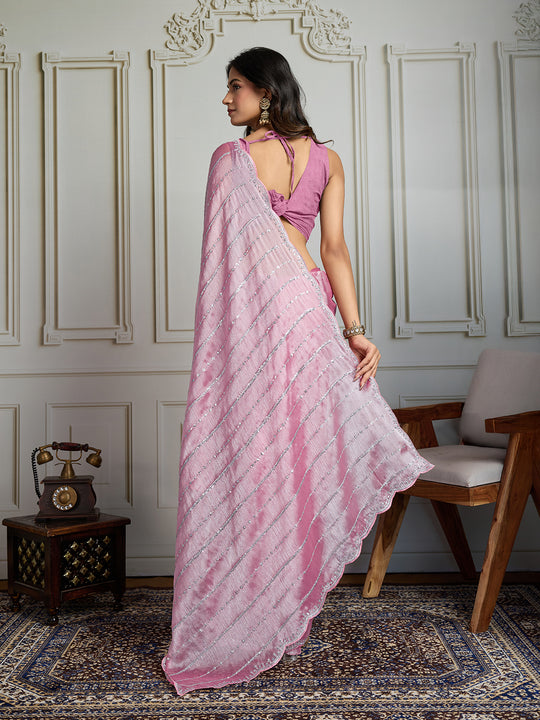 Pink Chiffon Silk Sequins Designer Saree with Blouse