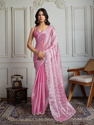 Pink Chiffon Silk Sequins Designer Saree with Blouse