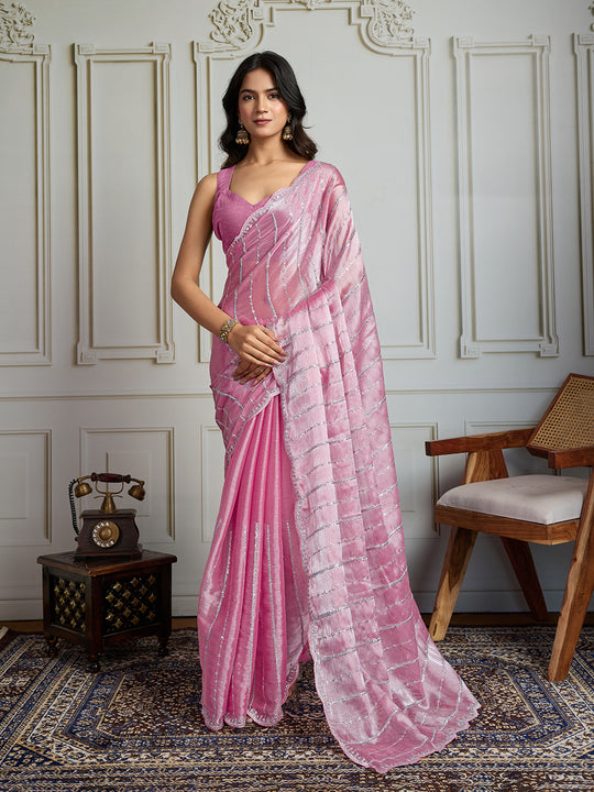 Pink Chiffon Silk Sequins Designer Saree with Blouse