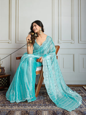 Sky Blue Chiffon Silk Sequins Designer Saree with Blouse