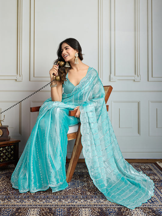 Sky Blue Chiffon Silk Sequins Designer Saree with Blouse