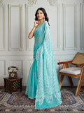 Sky Blue Chiffon Silk Sequins Designer Saree with Blouse