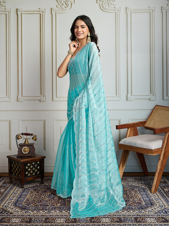 Sky Blue Chiffon Silk Sequins Designer Saree with Blouse
