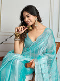 Sky Blue Chiffon Silk Sequins Designer Saree with Blouse