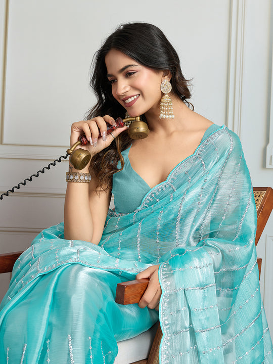 Sky Blue Chiffon Silk Sequins Designer Saree with Blouse
