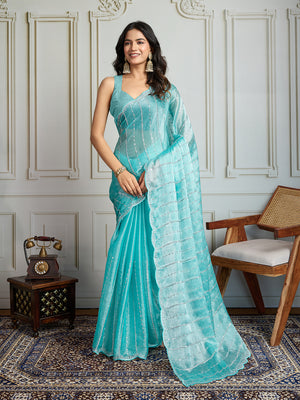 Sky Blue Chiffon Silk Sequins Designer Saree with Blouse