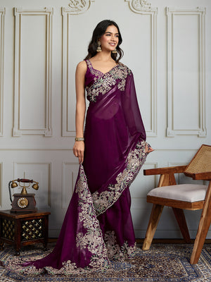 Wine Jimmy Choo Silk Embroidered Designer Saree with Blouse